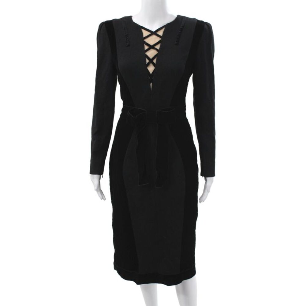 Andrew Gn Womens Black Sheath Dress V Neck Long Sleeve Virgin Wool Size 46